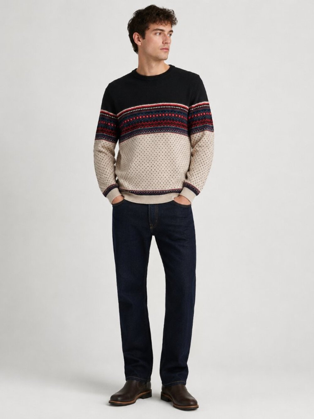 Free Assembly Men’s Fair Isle Crewneck Sweater Black Cream Red Nordic Winter NWT